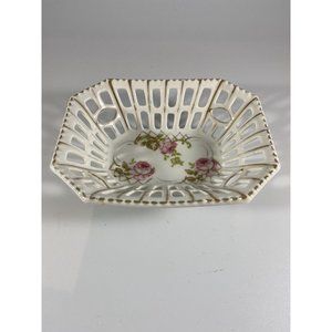 Vintage Schumann Dresden Reticulated Porcelain Bowl, Hand Painted Flowers